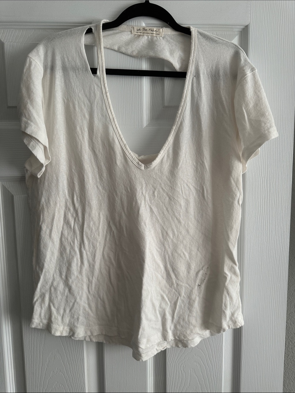 Free People Cream Deep V-Neck Short Sleeve Tee